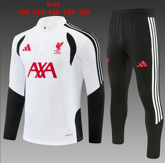 Youth 2026 Liverpool White/Black Soccer Training Sweater and Pants Child Football Kit