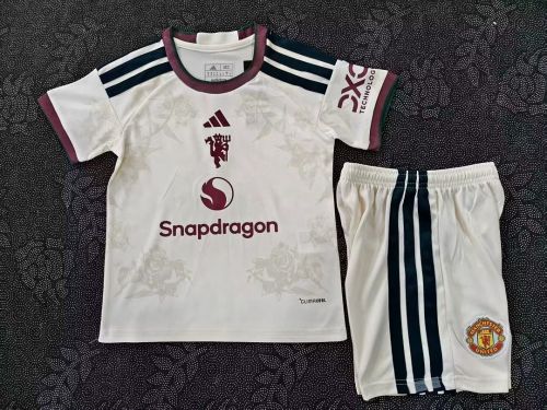 Youth Uniform Kids Kit 2026-2027 Manchester United Third Away White Soccer Jersey Shorts Child Football Set