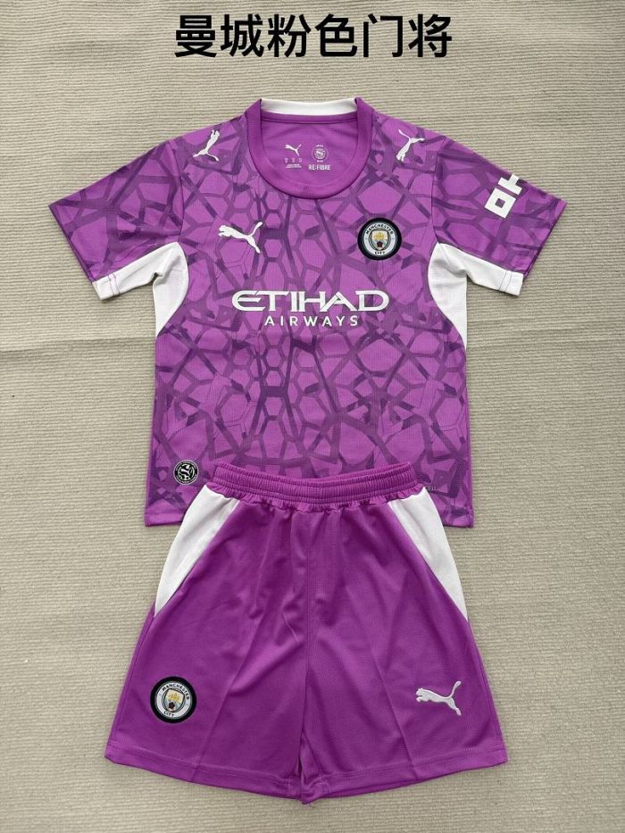 Youth Uniform Kids Kit 2026-2027 Manchester City Purple Goalkeeper Soccer Jersey Shorts Child Football Set