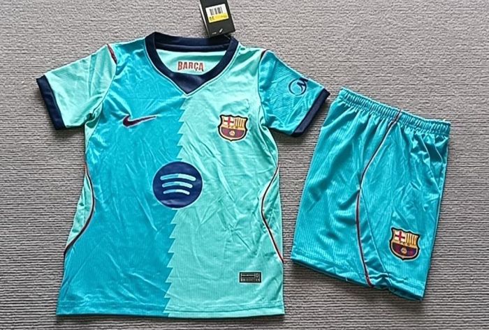 Youth Uniform Kids Kit 2026-2027 Barcelona Third Away Green Soccer Jersey Shorts Child Football Set