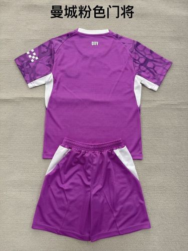 Youth Uniform Kids Kit 2026-2027 Manchester City Purple Goalkeeper Soccer Jersey Shorts Child Football Set
