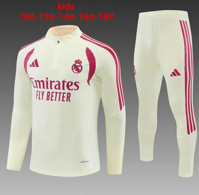 Youth 2026 Real Madrid Light Yellow Soccer Training Sweater and Pants Child Football Kit