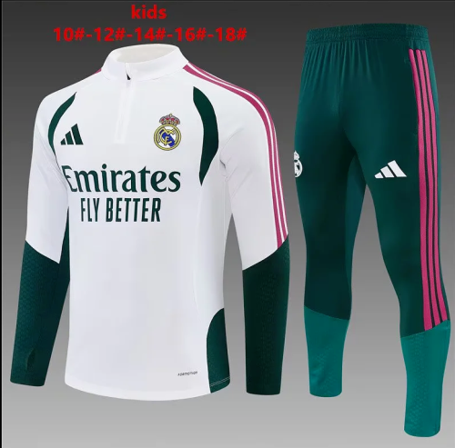 Youth 2026-2027 Real Madrid White/Dark Green Soccer Training Sweater and Pants Child Football Kit
