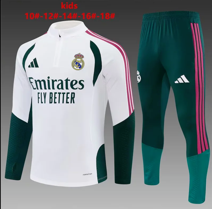 Youth 2026-2027 Real Madrid White/Dark Green Soccer Training Sweater and Pants Child Football Kit
