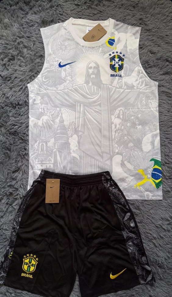 Adult Uniform 2026-2027 Brazil Grey Jesus Version Soccer Training Vest and Shorts Football Kits