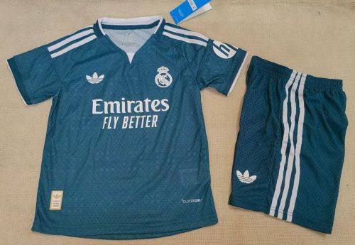 Player Version Youth Uniform Kids Kit 2026-2027 Real Madrid Away Green Soccer Jersey Shorts Child Football Set