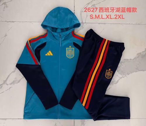 with Caps 2026-2027 Spain Blue Soccer Windbreaker Tracksuit Jacket Football Jacket and Pants