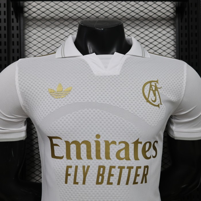 with Collar Player Version 2026-2027 Real Madrid 125th Anniversary White/Golden Soccer Jersey Real Football Shirt