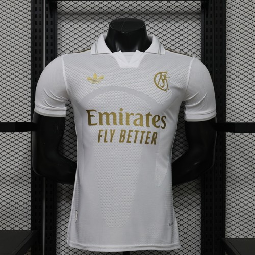 with Collar Player Version 2026-2027 Real Madrid 125th Anniversary White/Golden Soccer Jersey Real Football Shirt