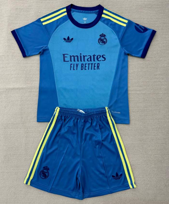 Youth Uniform Kids Kit 2026-2027 Real Madrid Blue Goalkeeper Soccer Jersey Shorts Child Football Set