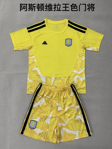 without Sponor Logo Youth Uniform Kids Kit 2026-2027 Aston Villa Yellow Goalkeeper Soccer Jersey Shorts Child Football Set