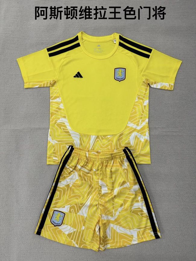without Sponor Logo Youth Uniform Kids Kit 2026-2027 Aston Villa Yellow Goalkeeper Soccer Jersey Shorts Child Football Set