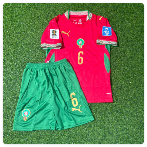 with World Cup Patch Youth Uniform Kids Kit 2026 Morocco Ayyoub Bouaddi 6 Home Soccer Jersey Shorts Child Football Set
