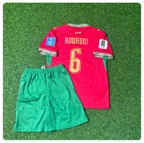 with World Cup Patch Youth Uniform Kids Kit 2026 Morocco Ayyoub Bouaddi 6 Home Soccer Jersey Shorts Child Football Set