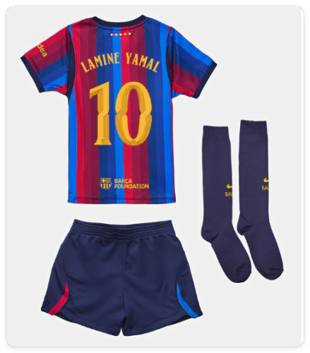 with UCL Patch with Socks Youth Uniform Kids Kit 2026-2027 Barcelona LAMINE YAMAL 10 Home Soccer Jersey Shorts Barça Child Football Set