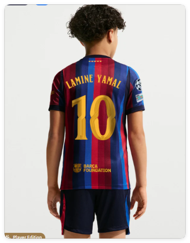 with UCL Patch Player Version Youth Uniform Kids Kit 2026-2027 Barcelona LAMINE YAMAL 10 Home Soccer Jersey Shorts Barça Child Football Set