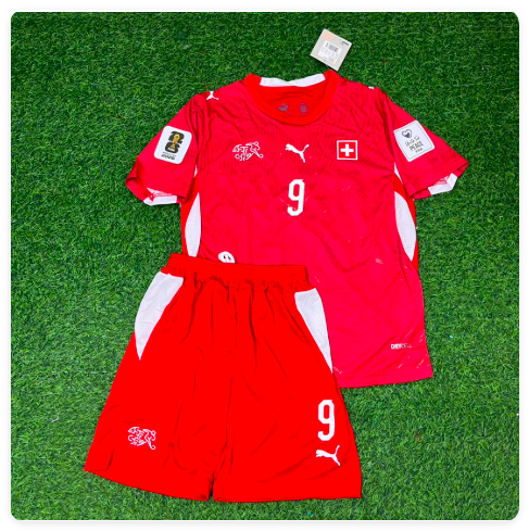with World Cup Patch Youth Uniform Kids Kit 2026 Switzerland Johan Manzambi 9 Home Soccer Jersey Shorts Child Football Set