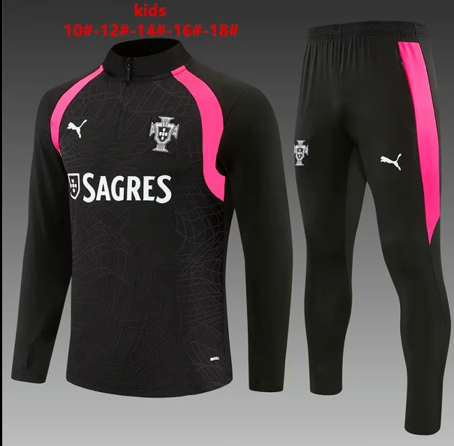 Youth 2026-2027 Portugal Black/Pink Soccer Training Sweater and Pants Child Football Kit