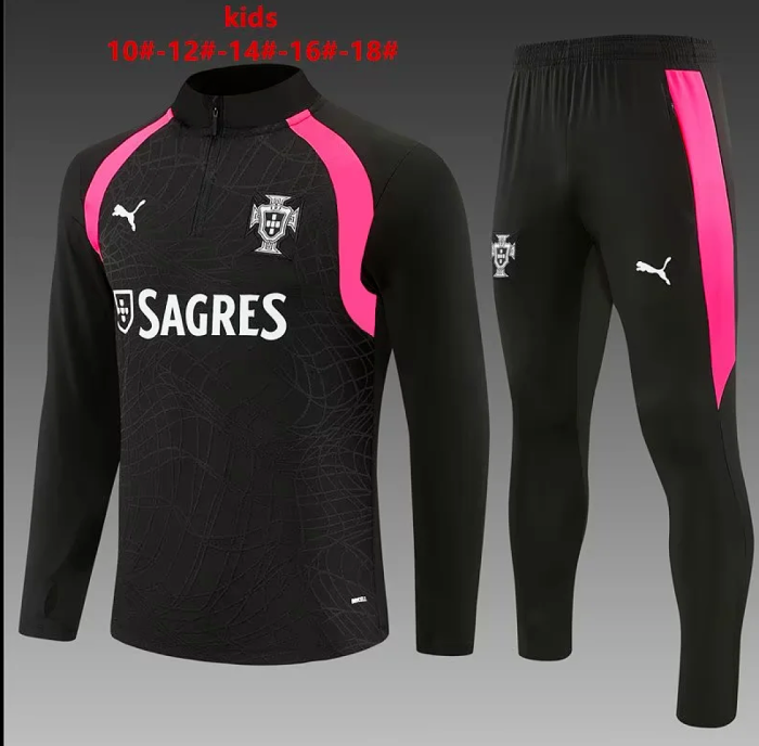 Youth 2026-2027 Portugal Black/Pink Soccer Training Sweater and Pants Child Football Kit