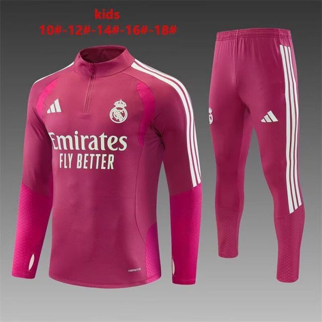 Youth 2026-2027 Real Madrid Pink Soccer Training Sweater and Pants Child Football Kit