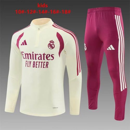 Youth 2026-2027 Real Madrid Light Yellow/Pink Soccer Training Sweater and Pants Child Football Kit