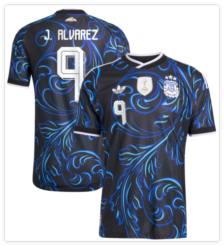 with FIFA World Champions 2022+World Cup Patch Fan Version 2026 Argentina J. Alvarez  9 Away Soccer Jersey Football Shirt