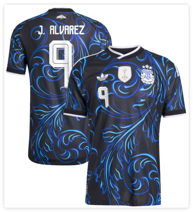 with FIFA World Champions 2022+World Cup Patch Fan Version 2026 Argentina J. Alvarez  9 Away Soccer Jersey Football Shirt