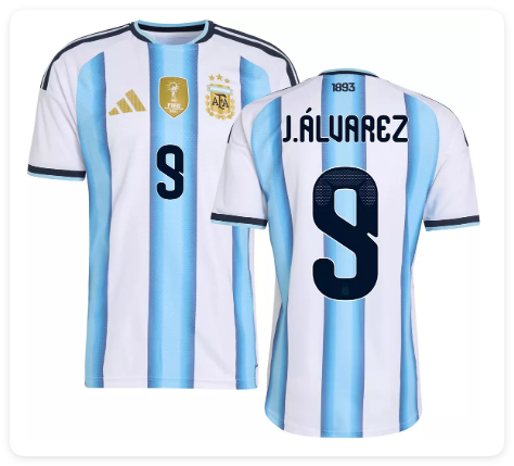 with Golden FIFA+World Cup Patch Player Version 2026 Argentina Julian Alvarez 9 Home Soccer Jersey Camisetas de Futbol