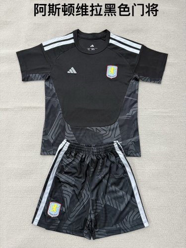 without Sponor Logo Youth Uniform Kids Kit 2026-2027 Aston Villa Black Goalkeeper Soccer Jersey Shorts Child Football Set