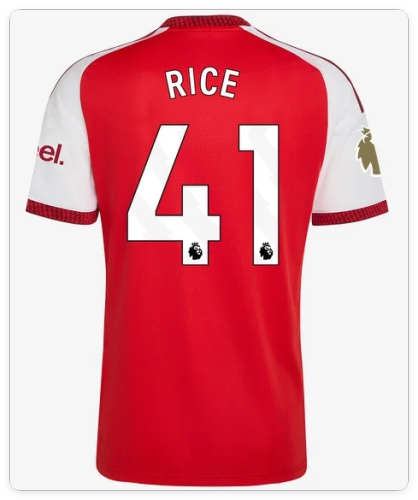 with Golden EPL Patch Fan Version 2026-2027 Arsenal 41 RICE Home Soccer Jersey Football Shirt