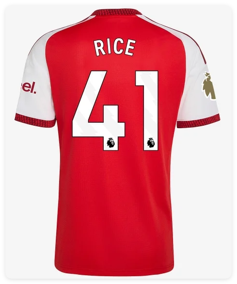 with Golden EPL Patch Fan Version 2026-2027 Arsenal 41 RICE Home Soccer Jersey Football Shirt