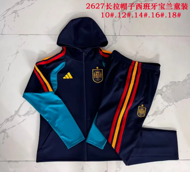 Youth wih Caps 2026-2027 Spain Dark Blue Soccer Jacket and Pants Child Football Kit