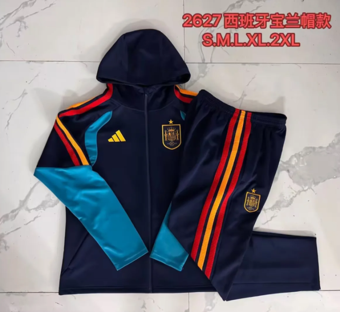 with Caps 2026-2027 Spain Dark Blue Soccer Windbreaker Tracksuit Jacket Football Jacket and Pants