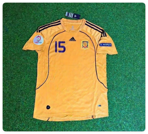 with Euro Patch Retro Jersey 2008 Spain Sergio Ramos 15 Away Golden Soccer Jersey Camiseta de España Football Shirt