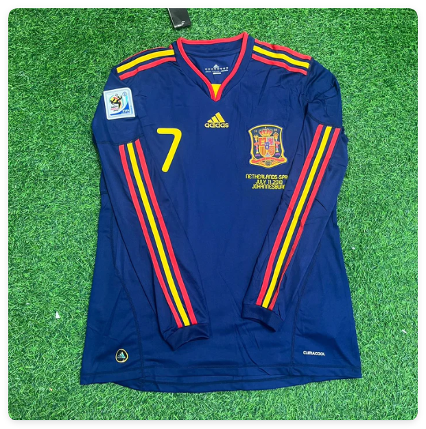 with Front Lettering+World Cup Patch Long Sleeve Retro Jersey 2010 Spain David Villa 7 Away Blue Soccer Jersey
