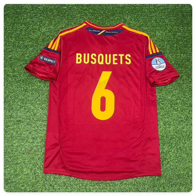 with Euro Patch Retro Jersey 2012 Spain Sergio Busquets 6 Home Soccer Jersey Vintage Camiseta de España Football Shirt
