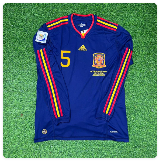 with Front Lettering+World Cup Patch Long Sleeve Retro Jersey 2010 Spain Carles Puyol 5 Away Blue Soccer Jersey