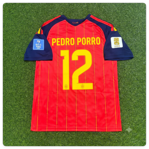 with FIFA World Cup Patch Fan Version 2026 Spain Pedro Porro 12 Home Soccer Jersey España Camisetas de Futbol