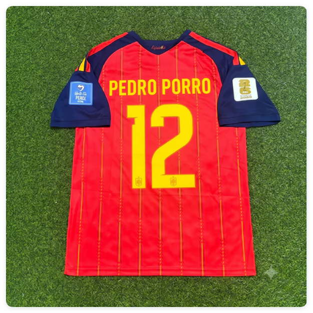 with FIFA World Cup Patch Fan Version 2026 Spain Pedro Porro 12 Home Soccer Jersey España Camisetas de Futbol