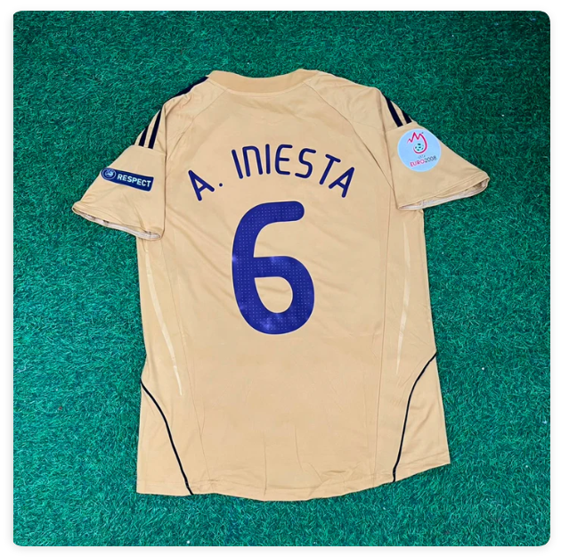 with Euro Patch Retro Jersey 2008 Spain Andrés Iniesta 6 Away Golden Soccer Jersey Camiseta de España Football Shirt