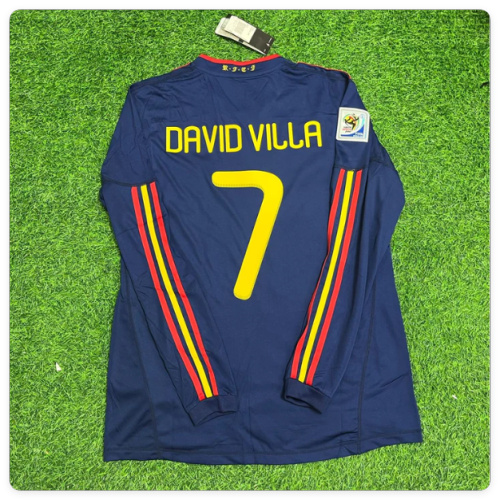 with Front Lettering+World Cup Patch Long Sleeve Retro Jersey 2010 Spain David Villa 7 Away Blue Soccer Jersey