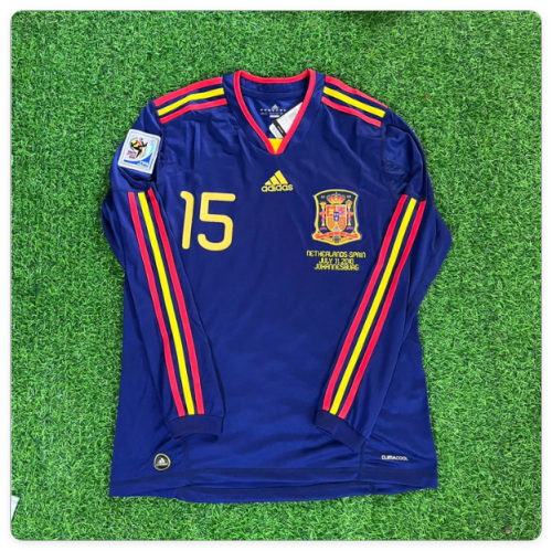 with Front Lettering+World Cup Patch Long Sleeve Retro Jersey 2010 Spain Sergio Ramos 15 Away Blue Soccer Jersey