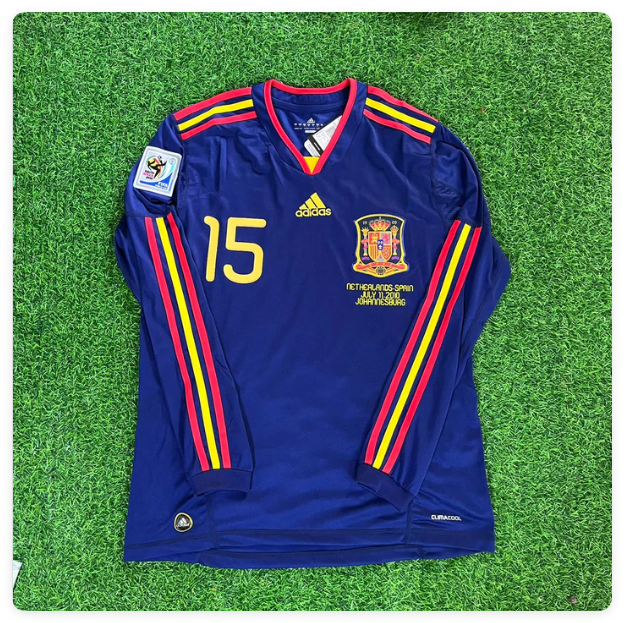 with Front Lettering+World Cup Patch Long Sleeve Retro Jersey 2010 Spain Sergio Ramos 15 Away Blue Soccer Jersey