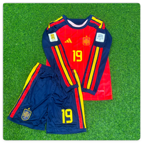 with World Cup Patch Long Sleeve Youth Uniform Kids Kit 2026 Spain Lamine Yamal 19 Home Soccer Jersey Shorts Child Football Set
