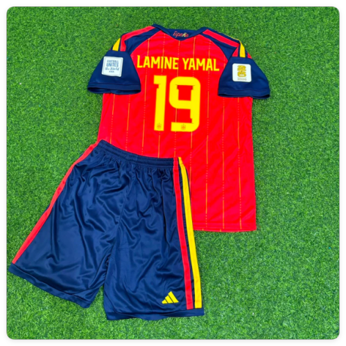 with World Cup Patch Youth Uniform Kids Kit 2026 Spain Lamine Yamal 19 Home Soccer Jersey Shorts Child Football Set