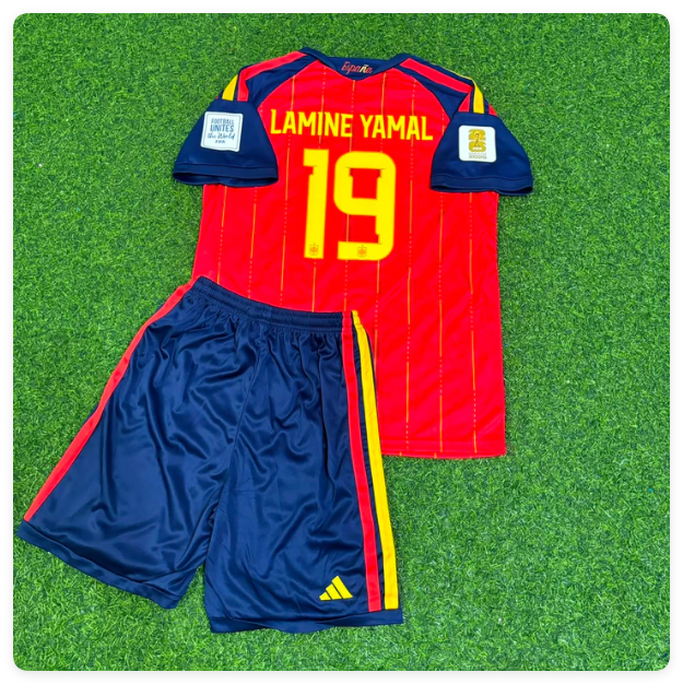 with World Cup Patch Youth Uniform Kids Kit 2026 Spain Lamine Yamal 19 Home Soccer Jersey Shorts Child Football Set