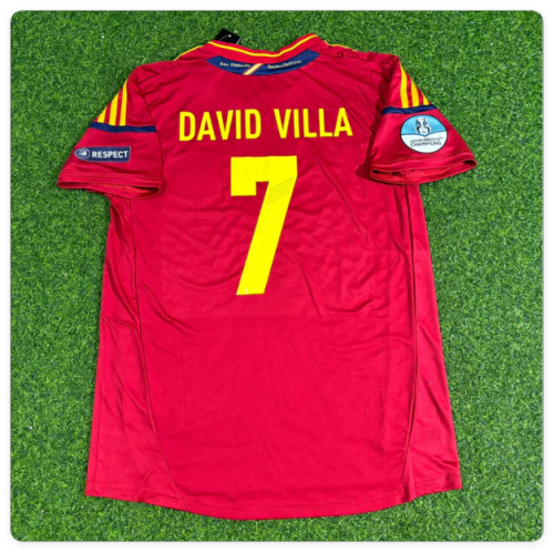 with Front Lettering+Euro Patch Retro Jersey 2012 Spain David Villa 7 Home Soccer Jersey Vintage Camiseta de España Football Shirt