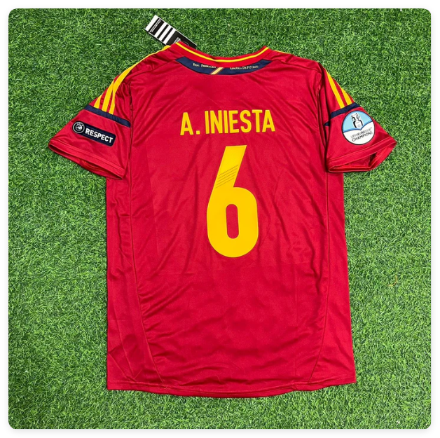 with Front Lettering+Euro Patch Retro Jersey 2012 Spain Andrés Iniesta 6 Home Soccer Jersey Vintage Camiseta de España Football Shirt