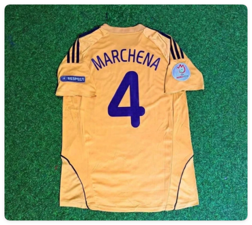 with Euro Patch Retro Jersey 2008 Spain Carlos Marchena 4 Away Golden Soccer Jersey Camiseta de España Football Shirt