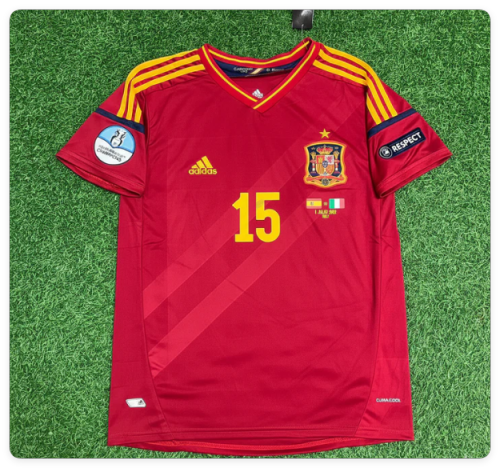 with Front Lettering+Euro Patch Retro Jersey 2012 Spain Sergio Ramos 15 Home Soccer Jersey Vintage Camiseta de España Football Shirt